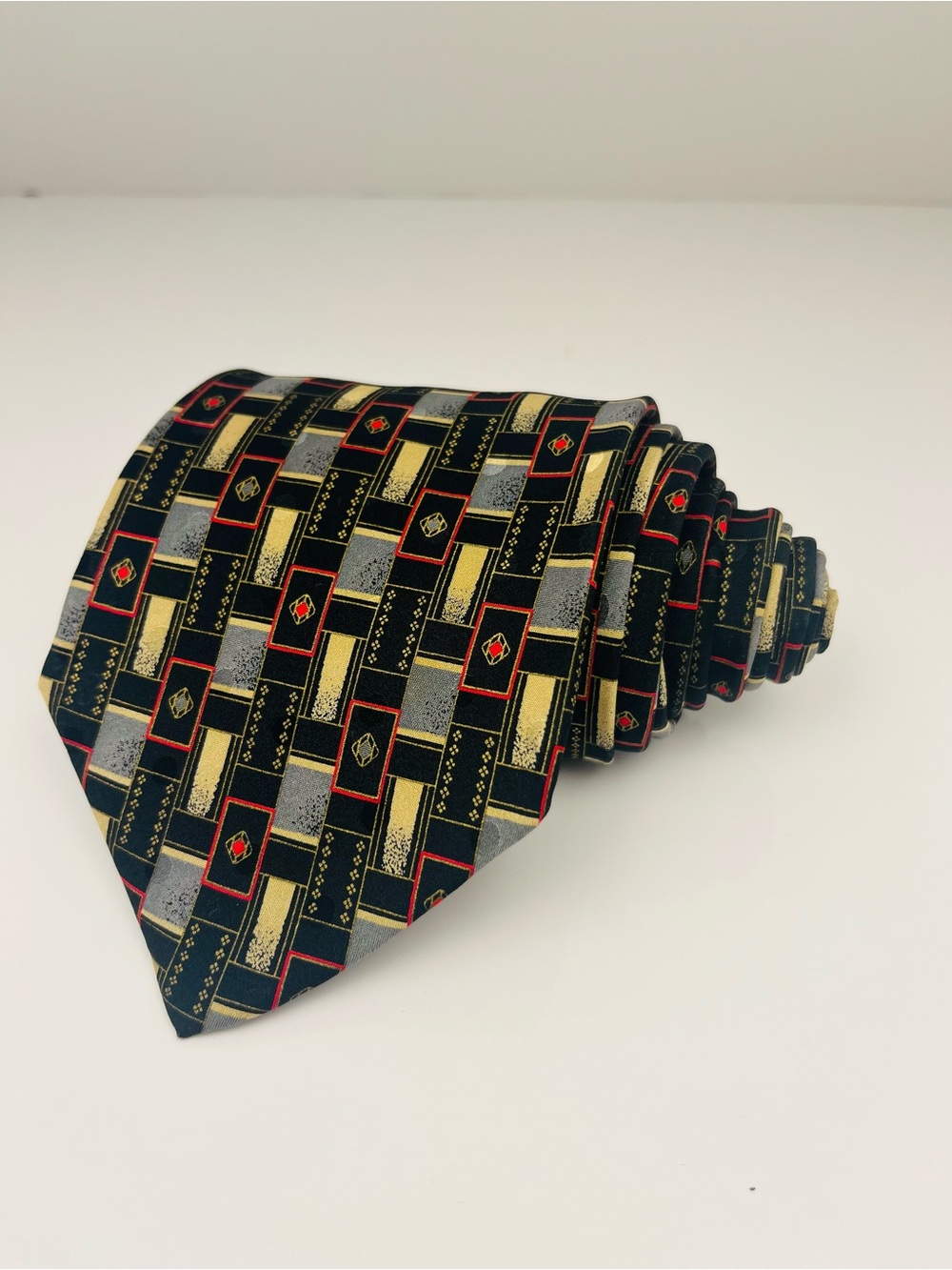 Brioni Black Tie with Gold, Gray & Red Geometric Motif